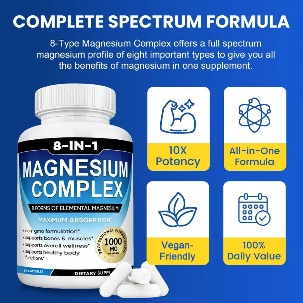 Magnesium Complex Supplement 8 Elemental 1000mg - 90 Capsules